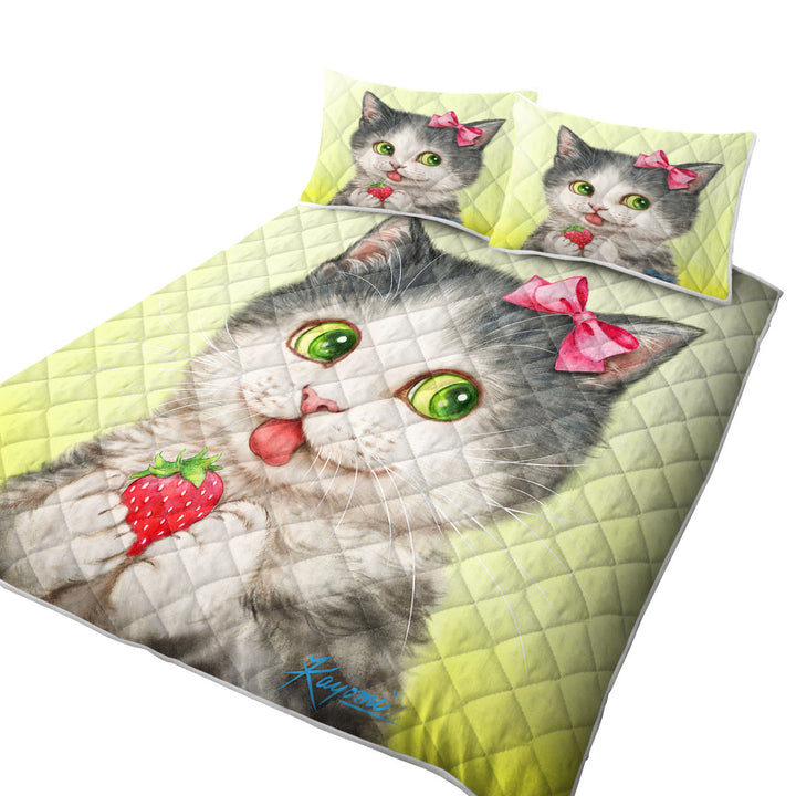 Cute Paintings Strawberry Love Girly Kitten Quilts