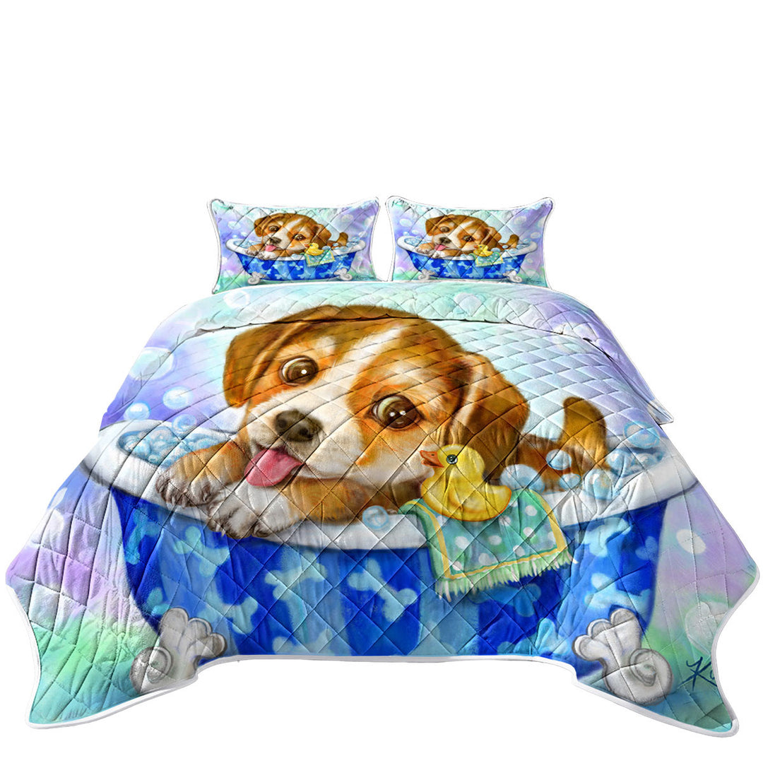 Cute Paintings for Kids Dog Puppy Bath Time California King Quilt Sets