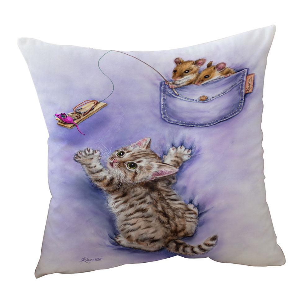 Cute Purple Throw Pillows Art Tabby Kitten and Mice