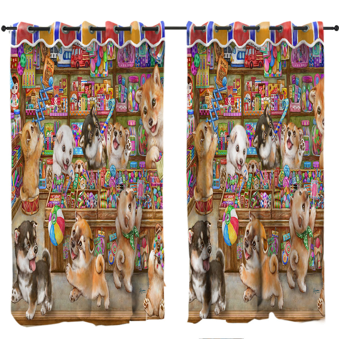 Cute Shiba Inu Dog Puppies in Candy Store Curtains for Living Room