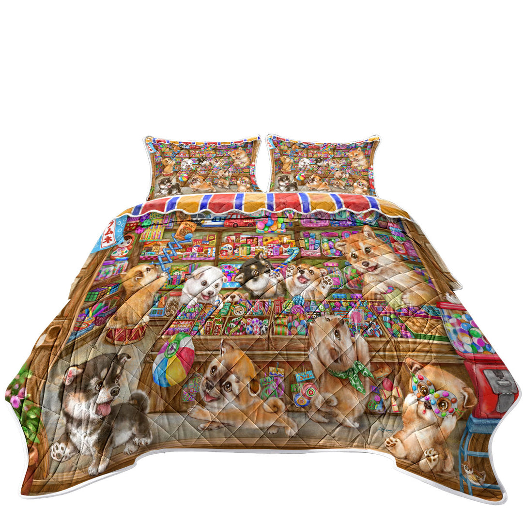 Cute Shiba Inu Dog Puppies in Candy Store King Quilt