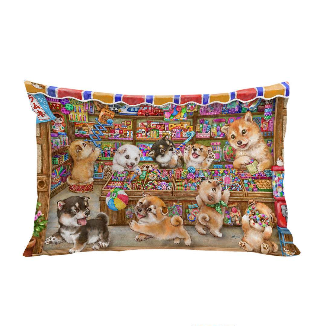 Cute Shiba Inu Dog Puppies in Candy Store Pillow Cases
