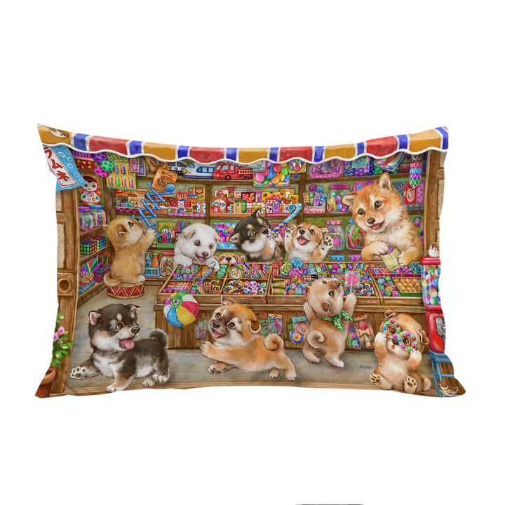 Cute Shiba Inu Dog Puppies in Candy Store Pillow Cases