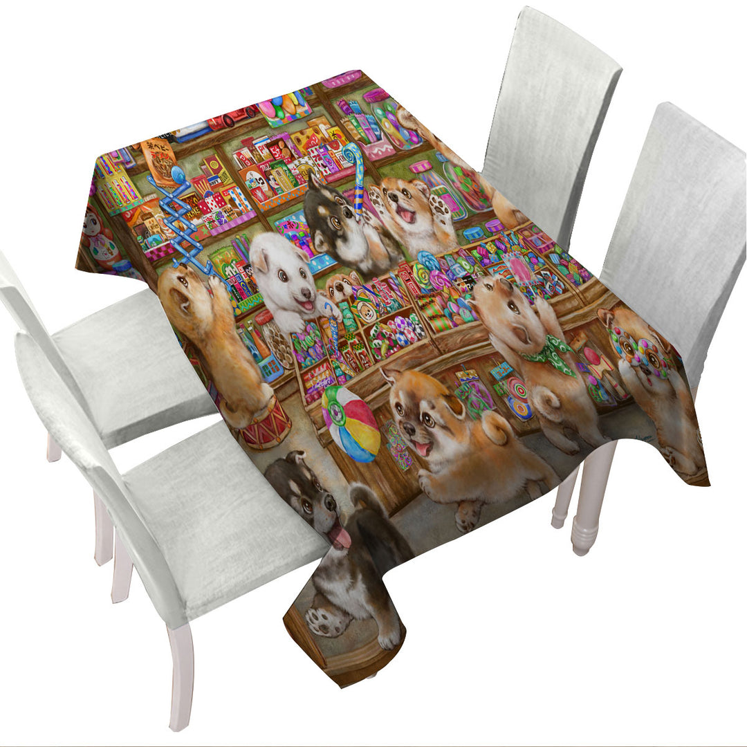 Cute Shiba Inu Dog Puppies in Candy Store Tablecloths