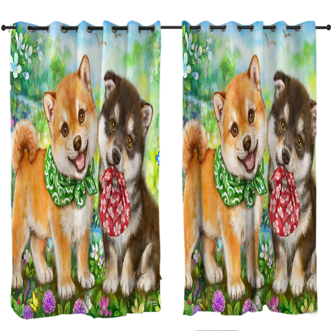Cute Shiba Inu Dog Puppies in Flower Garden Drapes