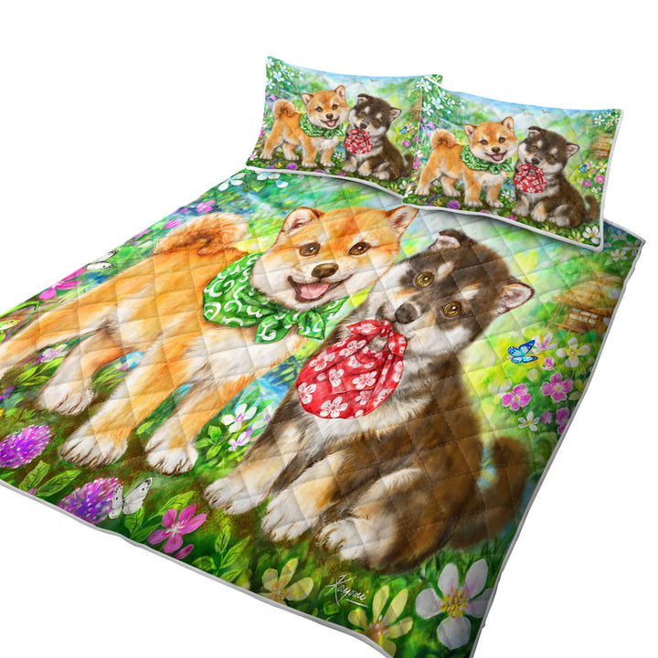 Cute Shiba Inu Dog Puppies in Flower Garden King Size Bedspreads