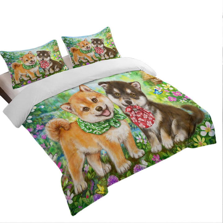 Cute Shiba Inu Dog Puppies in Flower Garden King Size Duvet Cover