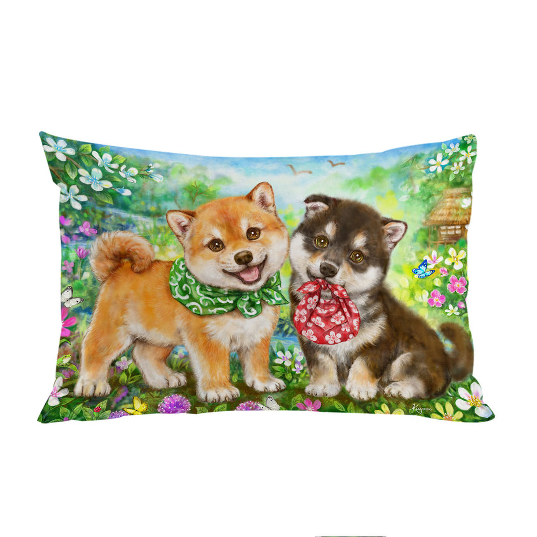 Cute Shiba Inu Dog Puppies in Flower Garden Pillow Cases