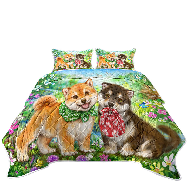 Cute Shiba Inu Dog Puppies in Flower Garden Summer Quilt