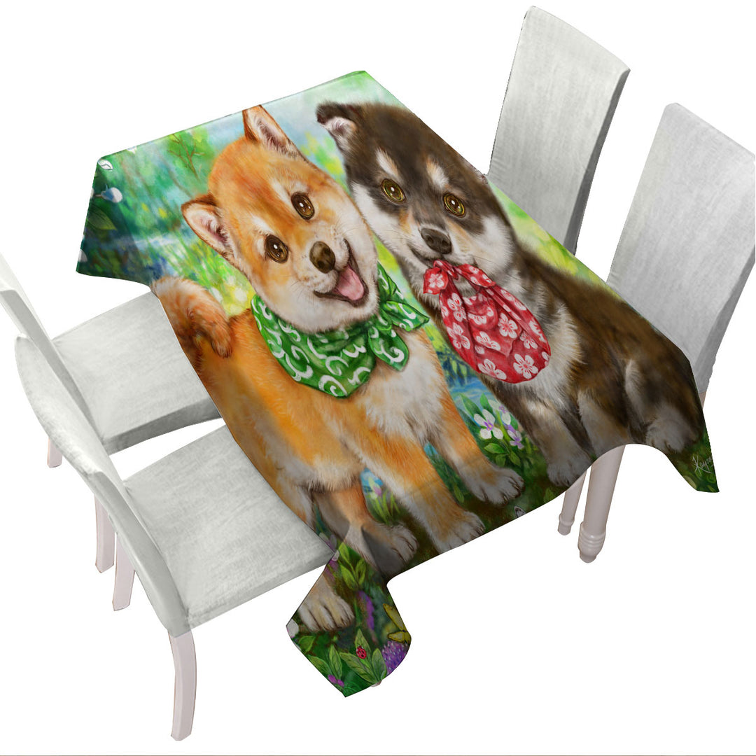 Cute Shiba Inu Dog Puppies in Flower Garden Tablecloths
