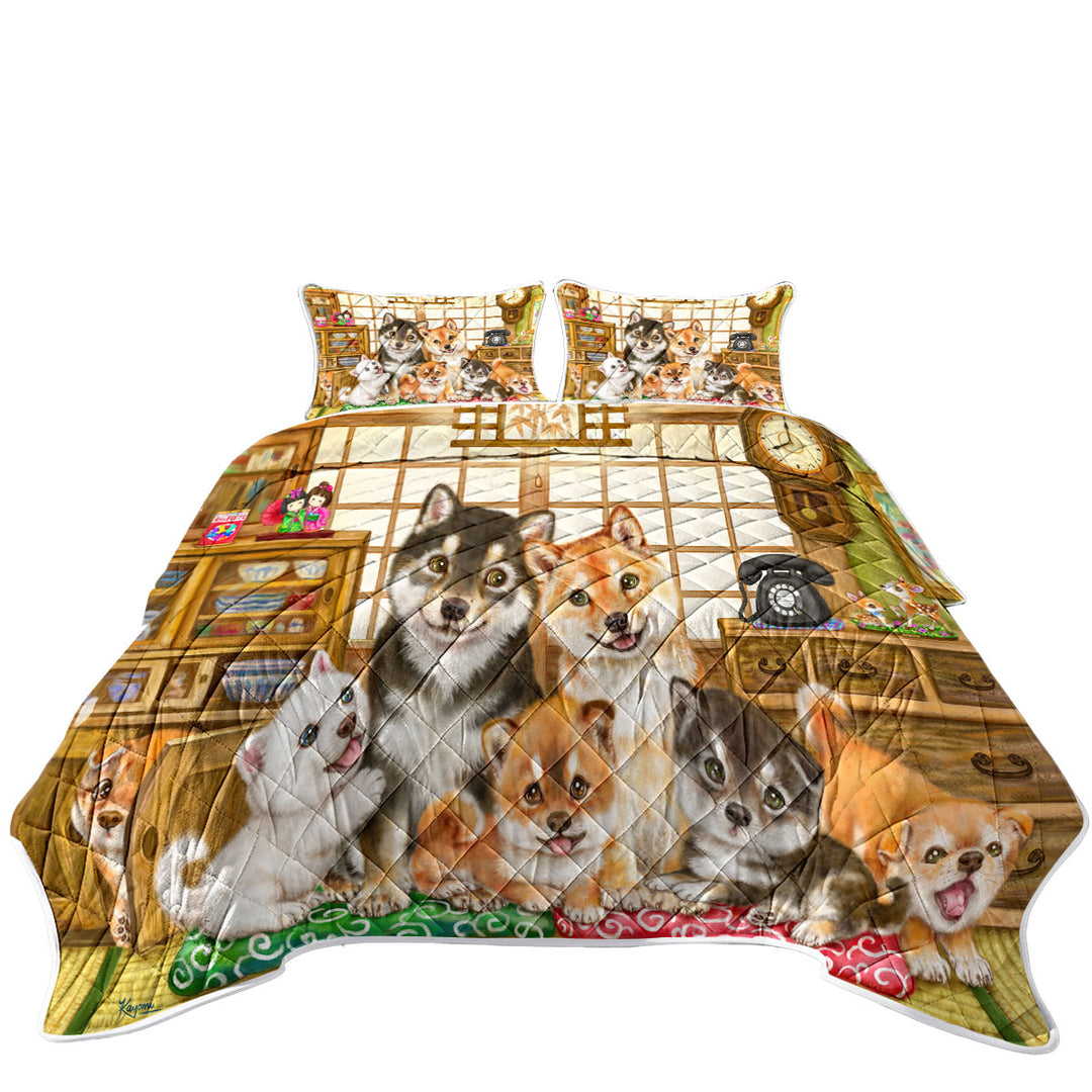 Cute Shiba Inu Dogs and Puppies Family Quilts