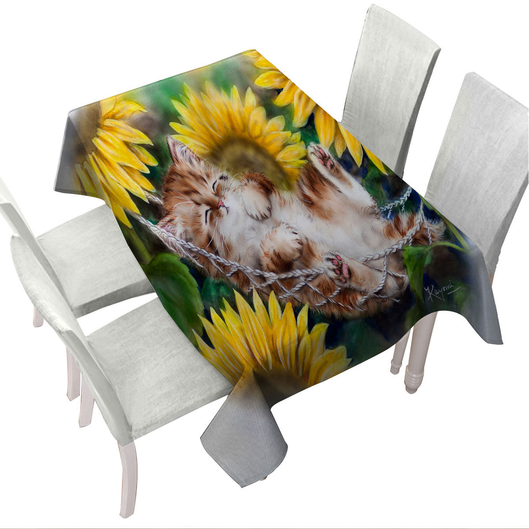 Cute Sleeping Ginger Kitten Sunflower Dream Tablecloth