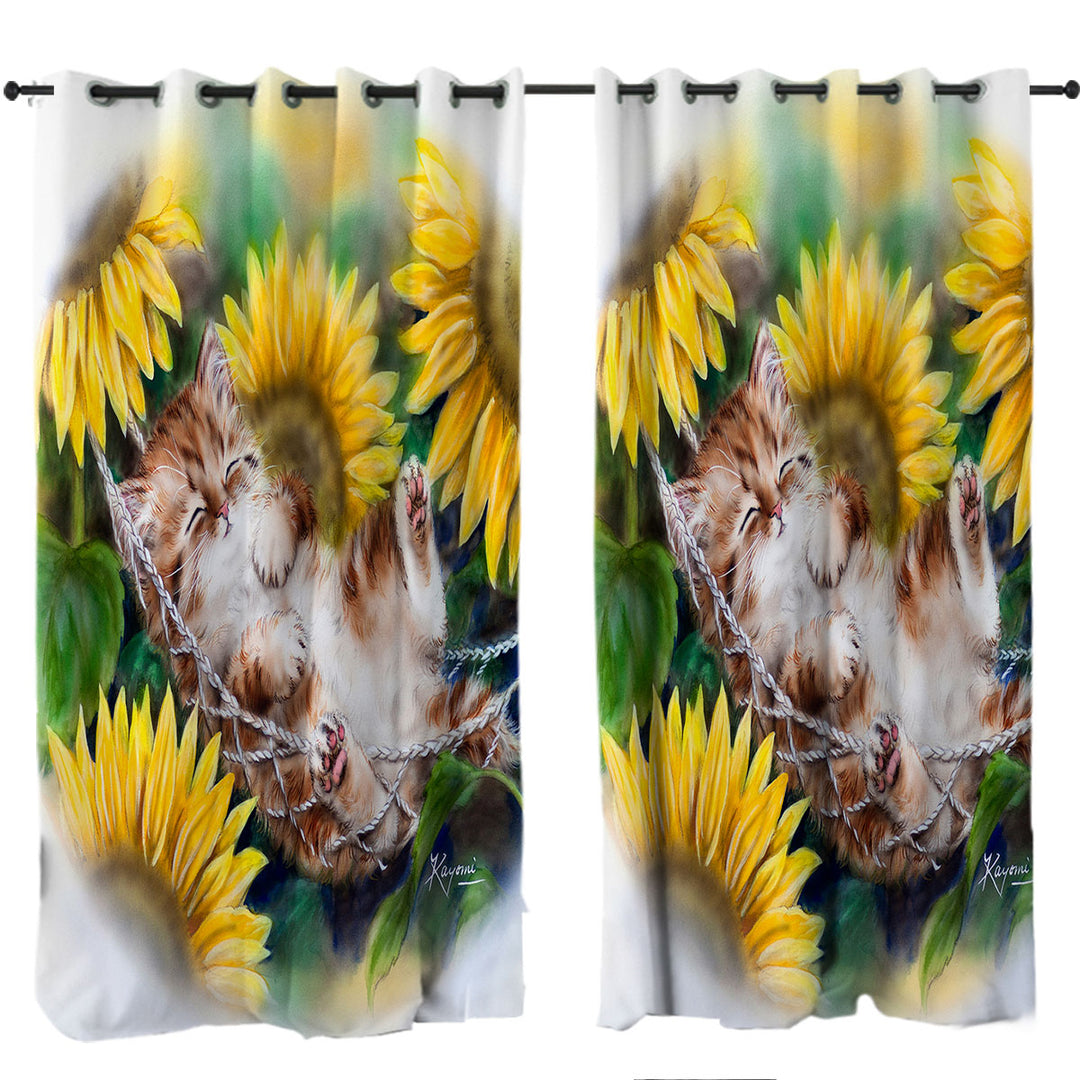 Cute Sleeping Ginger Kitten Sunflower Dream Window Curtains