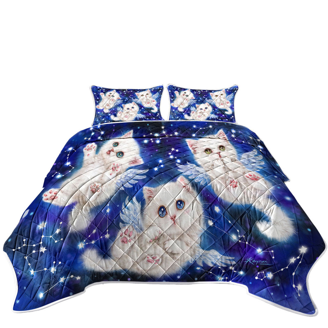 Cute Star Angels White Kitty Cats in Space California King Quilt Sets
