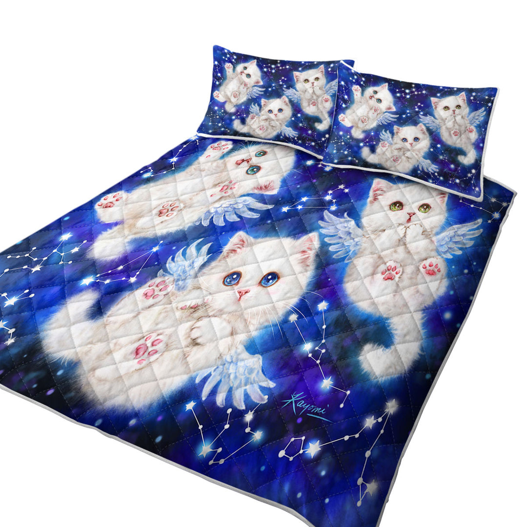 Cute Star Angels White Kitty Cats in Space King Size Quilt Sets