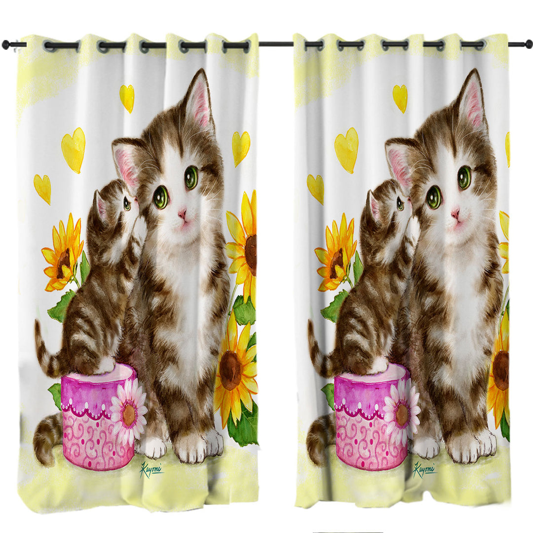Cute Sunflower Cats Mother and Daughter Drapes and Curtains