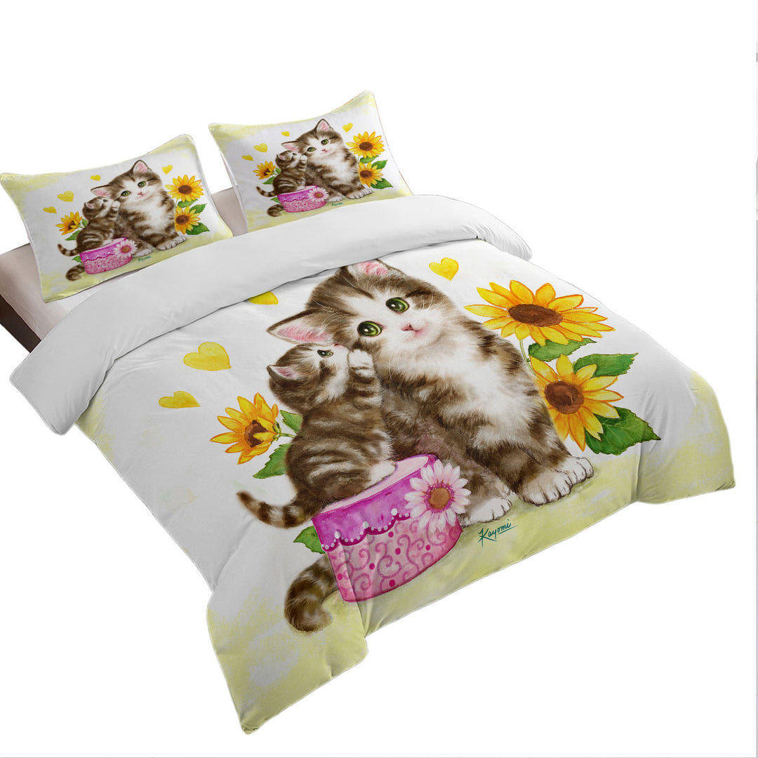 Cute Sunflower Cats Mother and Daughter King Duvet Cover set
