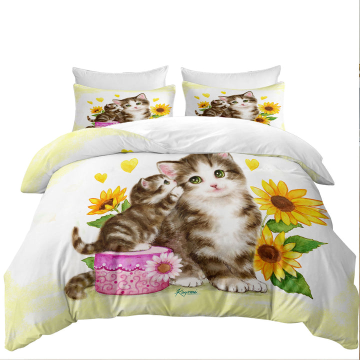 Cute Sunflower Cats Mother and Daughter King Size Duvet Cover