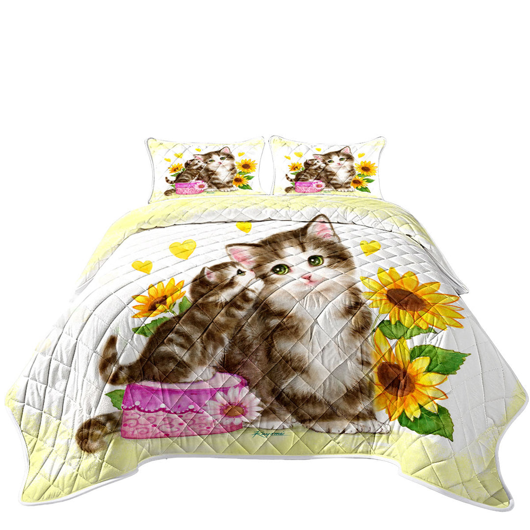Cute Sunflower Cats Mother and Daughter King Size Quilt