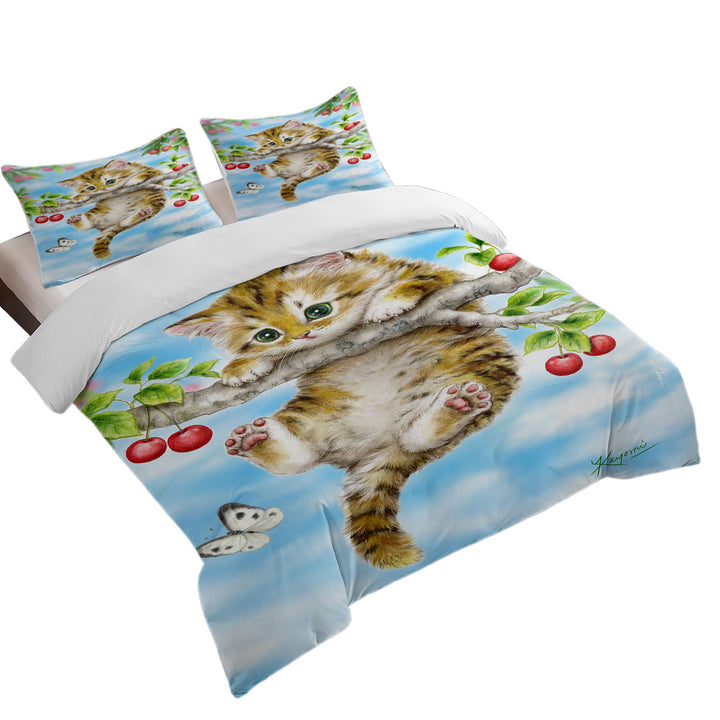 Cute Tabby Kitten Cat on a Cherry Tree Best Duvet Covers