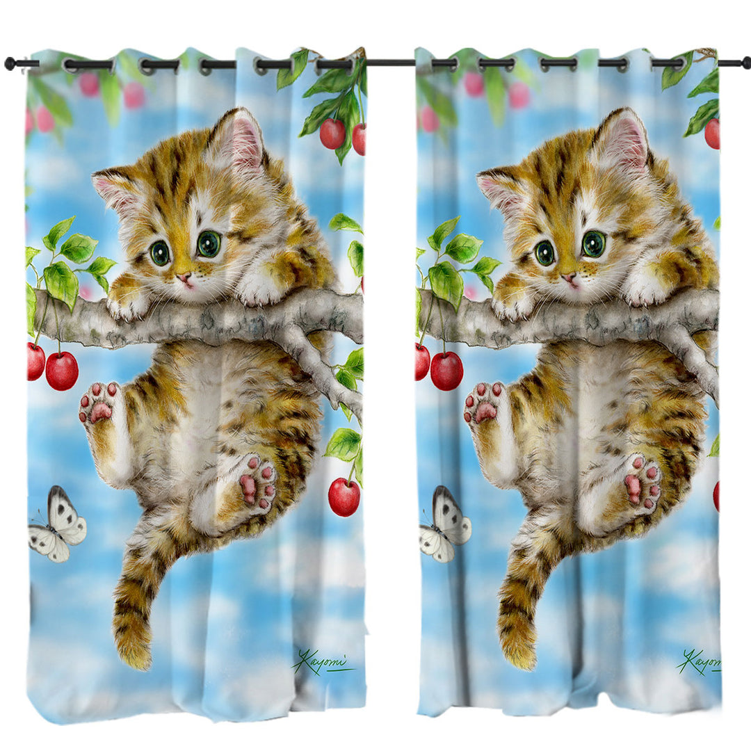 Cute Tabby Kitten Cat on a Cherry Tree Curtains