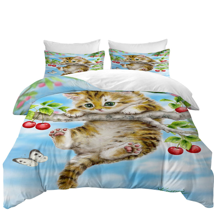 Cute Tabby Kitten Cat on a Cherry Tree Daybed Covers Sets