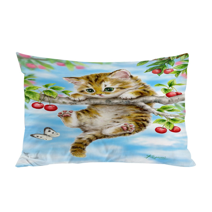 Cute Tabby Kitten Cat on a Cherry Tree Pillow Cases