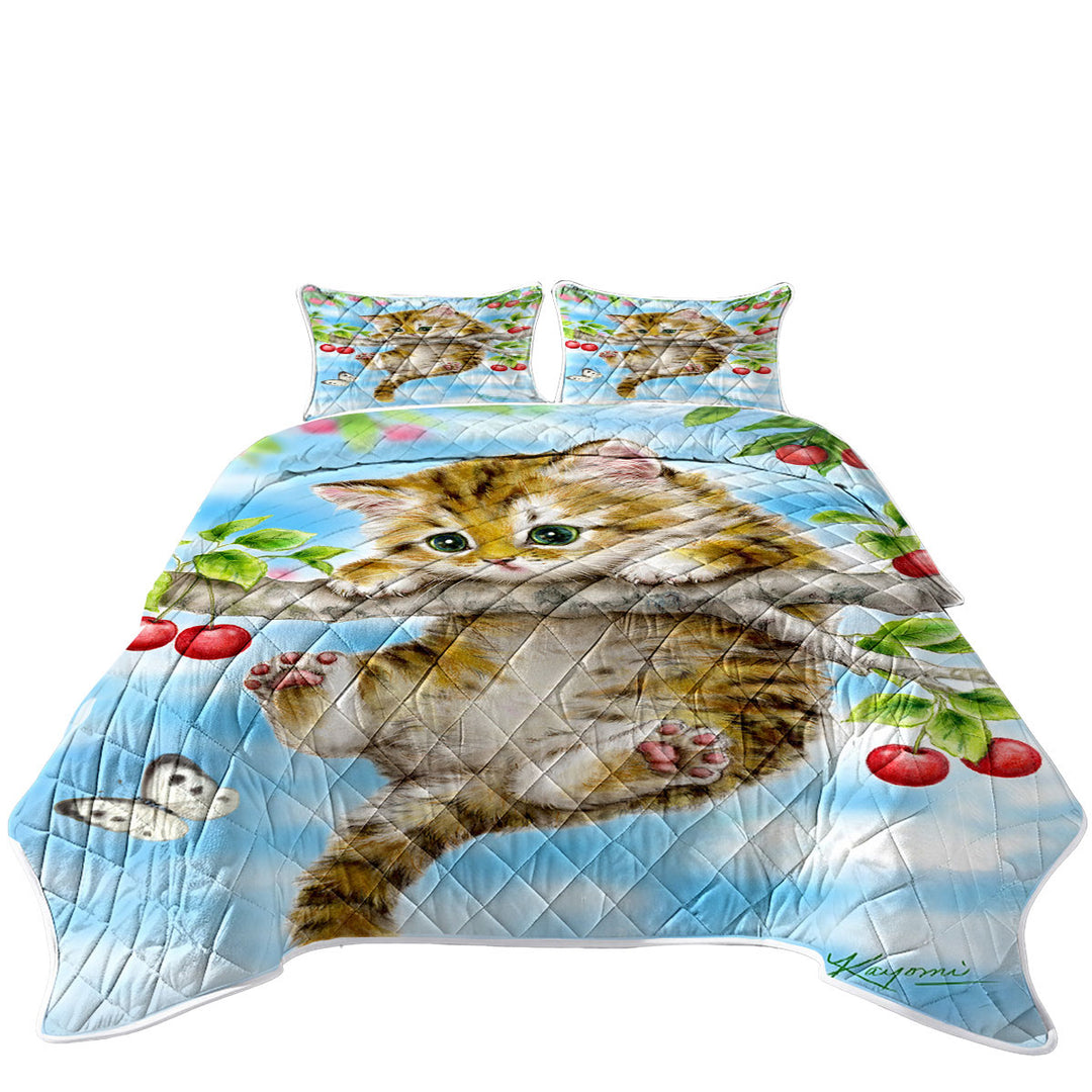 Cute Tabby Kitten Cat on a Cherry Tree Quilt