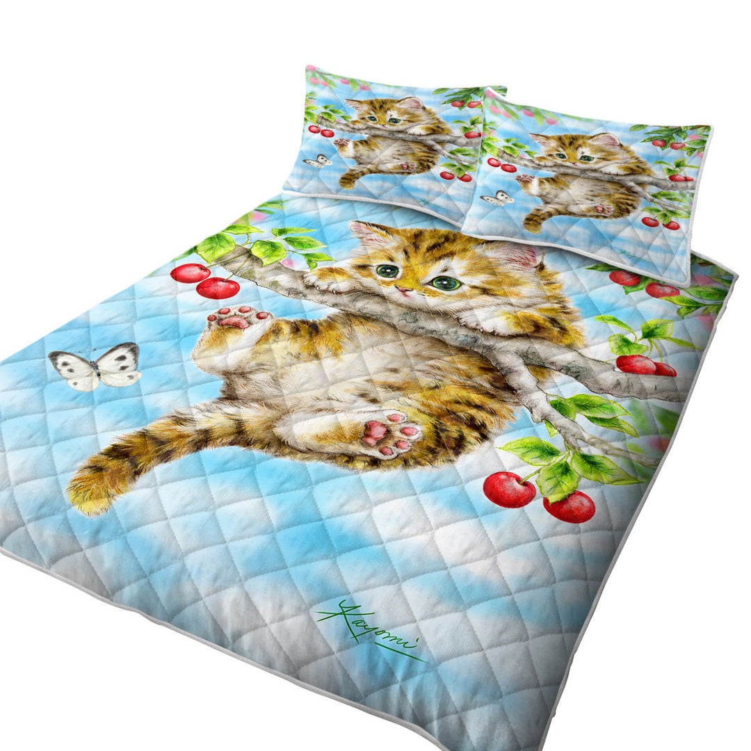 Cute Tabby Kitten Cat on a Cherry Tree Quilts