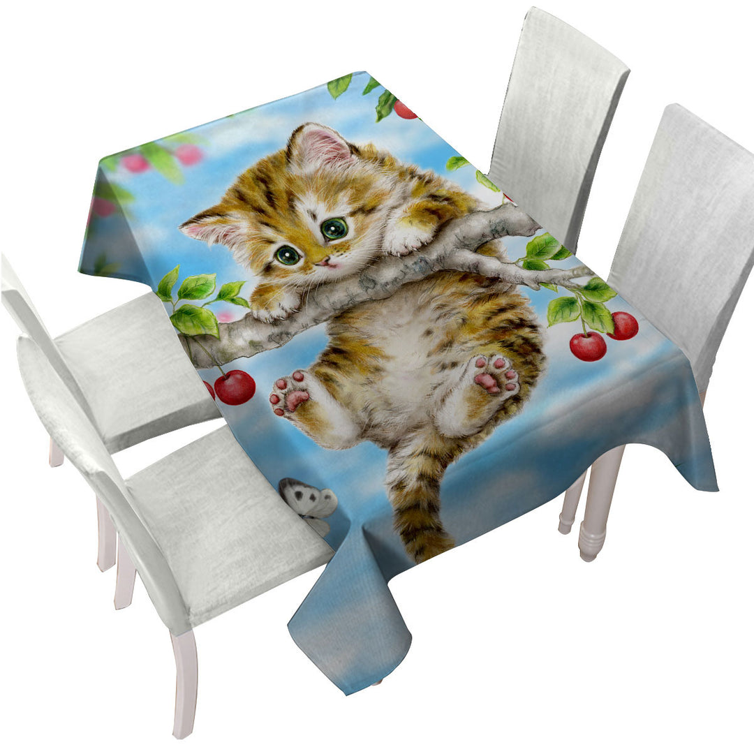 Cute Tabby Kitten Cat on a Cherry Tree Table Cover