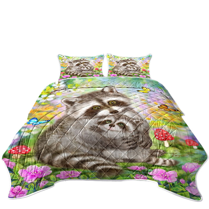 Cute Wildlife Animal Art Adorable Raccoons California King Quilt Sets