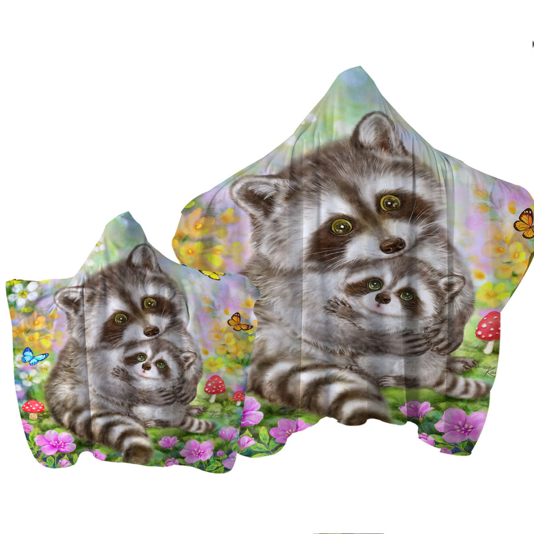 Cute Wildlife Animal Art Adorable Raccoons Hooded Beach Towel