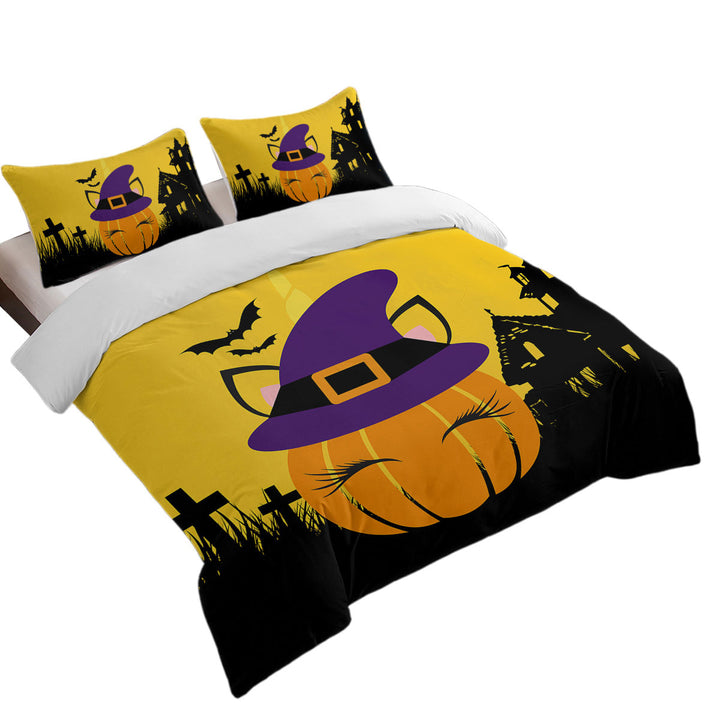 Cute Witch Pumpkin for Halloween Quilt Cover