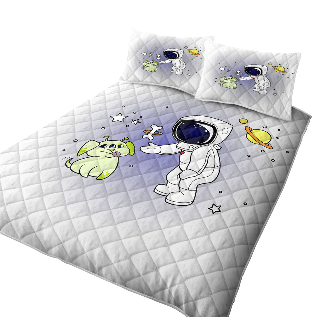 Cute and Funny Astronaut and Alien Dog Coverlet