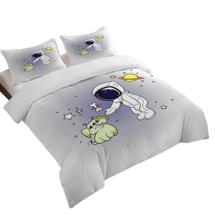 Cute and Funny Astronaut and Alien Dog Duvet Cover