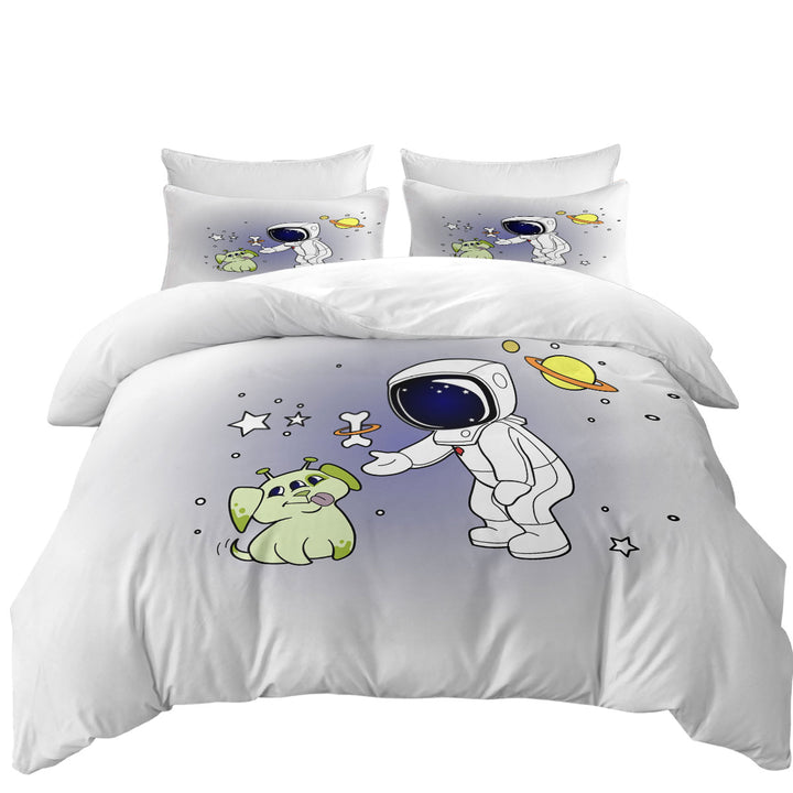 Cute and Funny Astronaut and Alien Dog Duvet Covers
