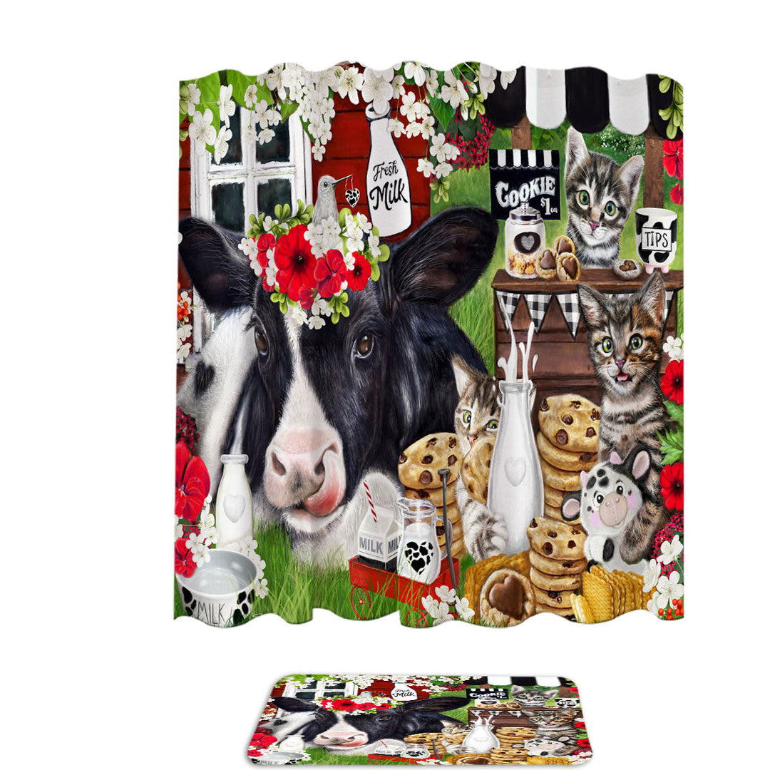 Cute and Funny Shower Curtains with Cookies Milk Cow and Kitties