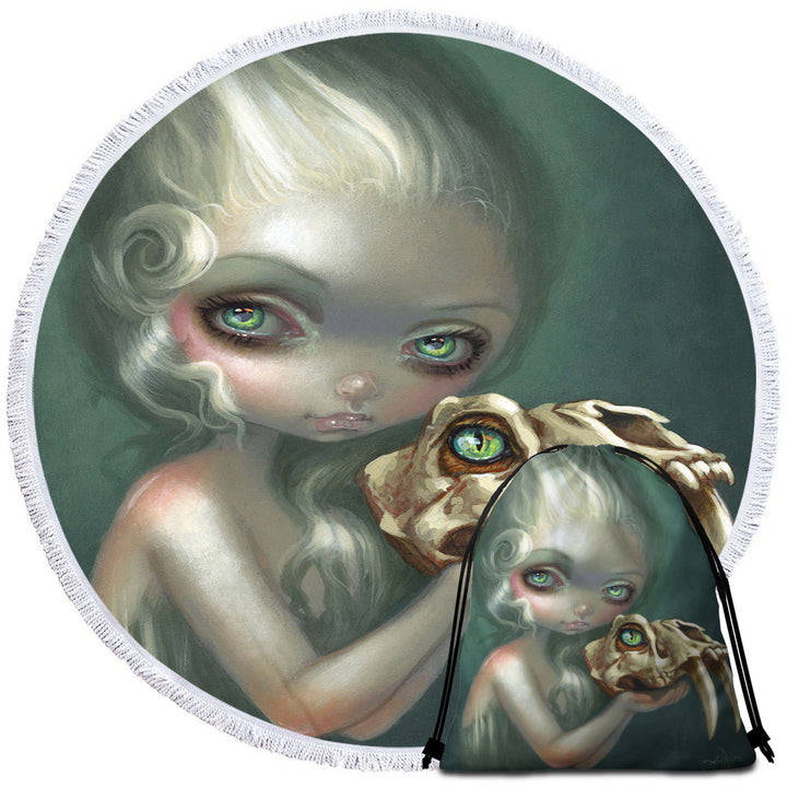 Dark Art Beach Towels and Bags Set Girl Holds Resurrected Saber Toothed Cat