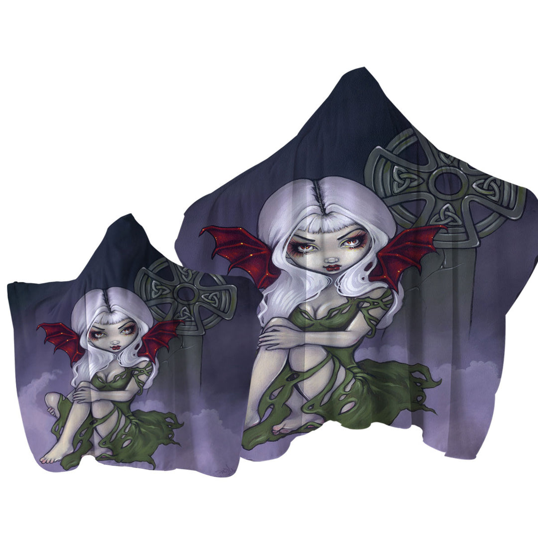 Dark Art Cemetery Mist Vampire Fairy and Celtic Cross Towel with Hood