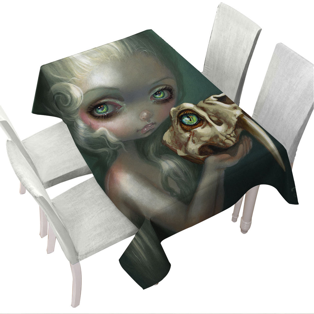 Dark Art Girl Holds Resurrected Saber Toothed Cat Tablecloths
