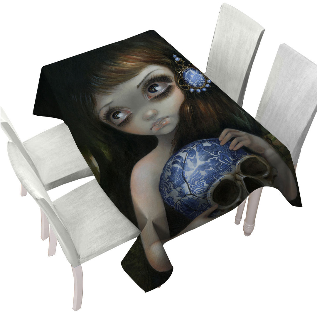 Dark Art Girl with Porcelain Blue Willow Skull Table Cover