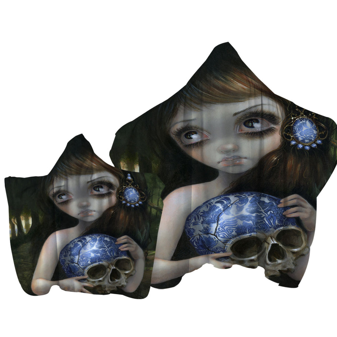 Dark Art Girl with Porcelain Blue Willow Skull Towel Hoodie