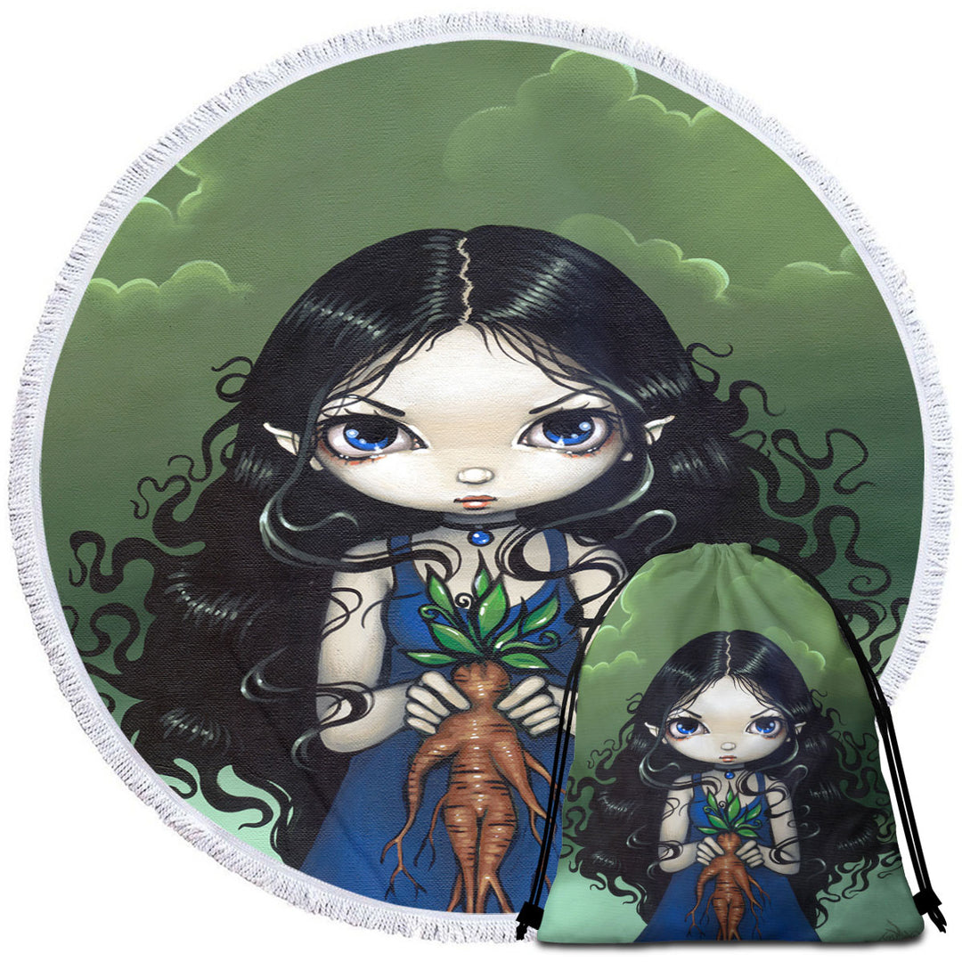 Dark Art Gothic Vibes Girl with Mandrake Root Round Beach Towel