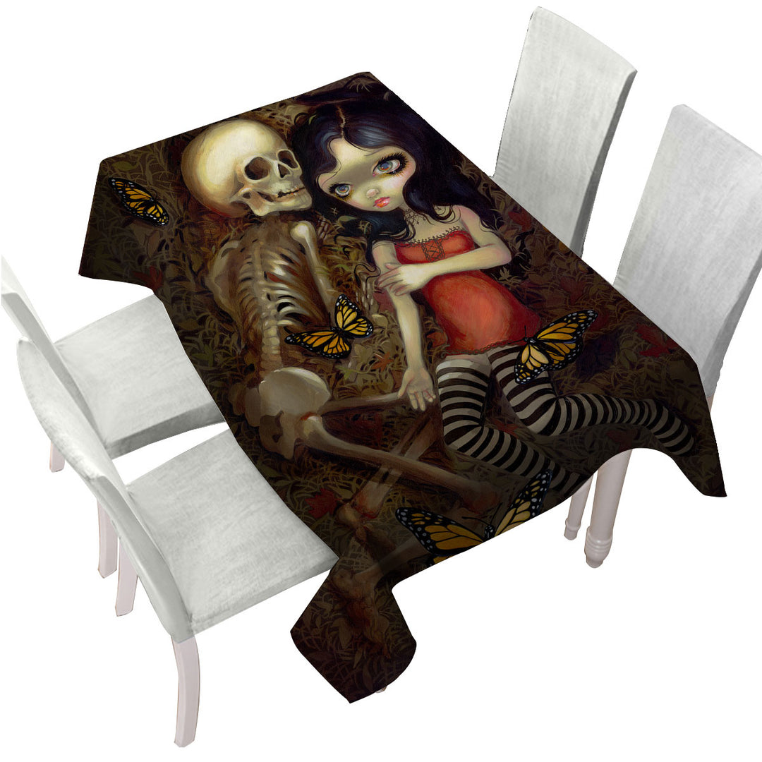 Dark Art I_m Almost With You Girl and Skeleton Table Cover