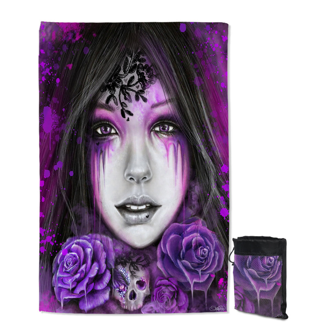 Dark Art Purple Roses Beautiful Gothic Girl Beach Towels