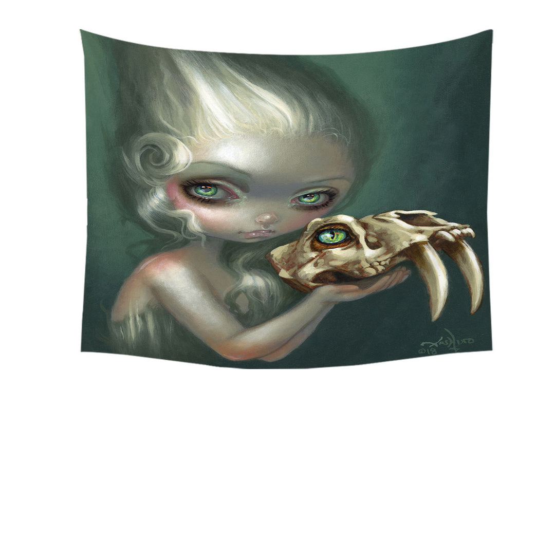 Dark Art Wall Decor Girl Holds Resurrected Saber Toothed Cat Tapestry