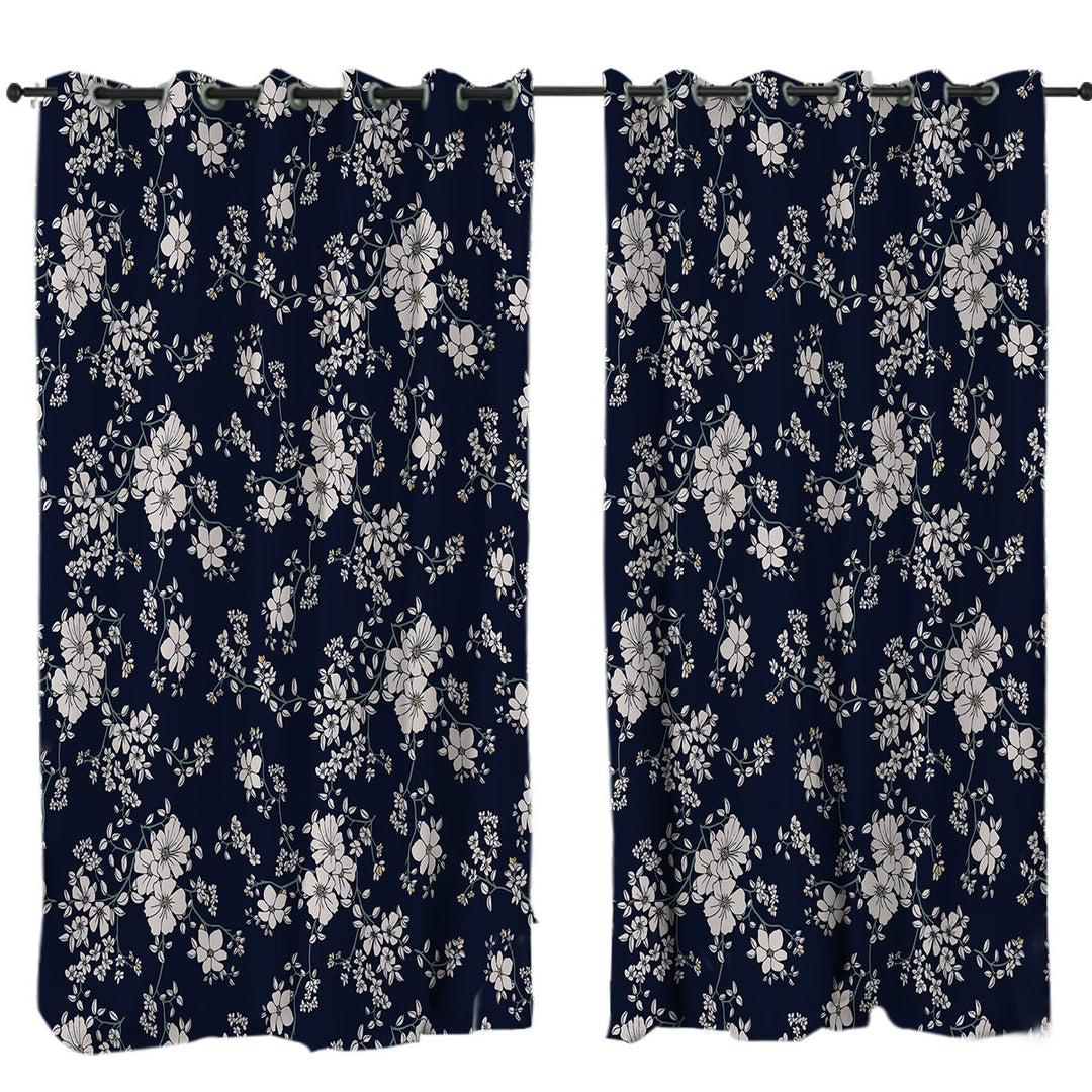 Dark Blue Background for White Floral Curtain