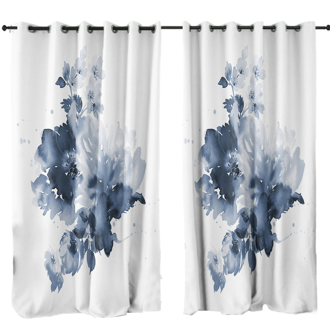 Dark Blue Watercolor Flowers Curtains