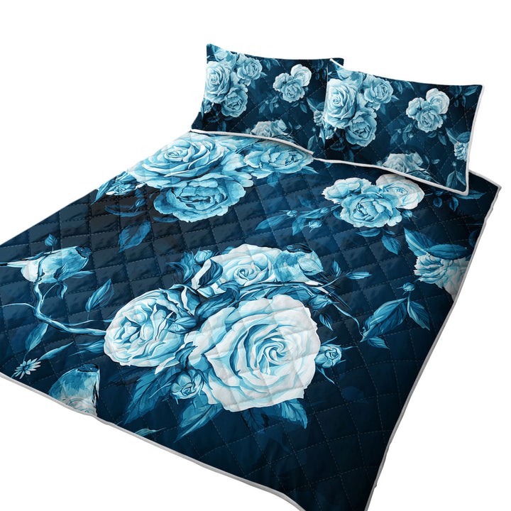 Dark Blue under Light Blue Roses Coverlet