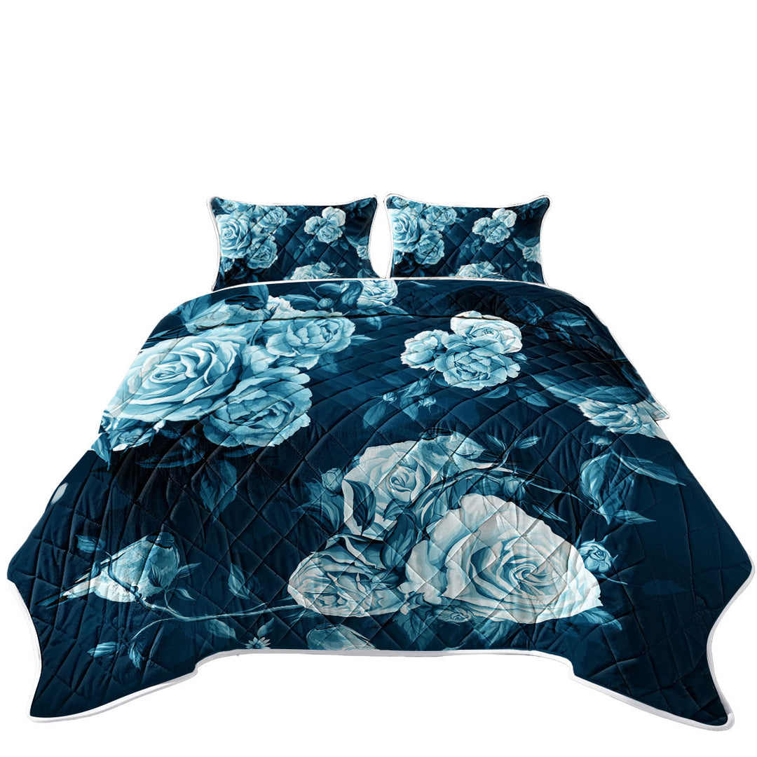 Dark Blue under Light Blue Roses Coverlets